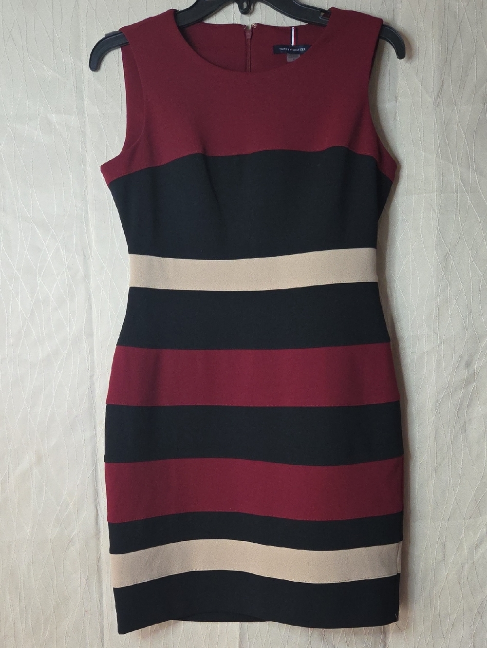 Tommy Hilfiger Burgundy, Black & Cream Striped Sheath Dress